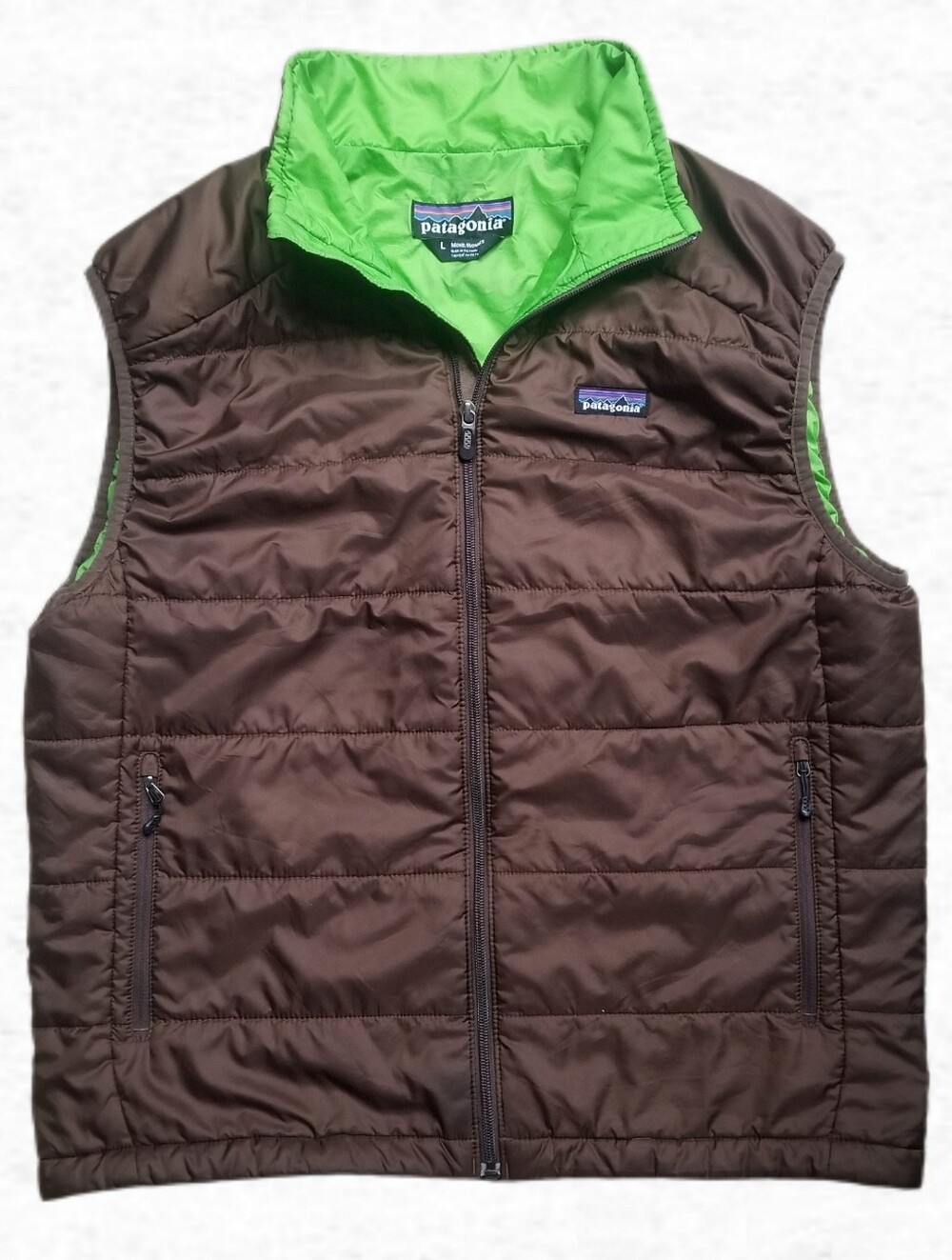 Patagonia Mens XL Micro Puff Vest AOL Puffer Brown Lime Green Y2K Tech-Bro
